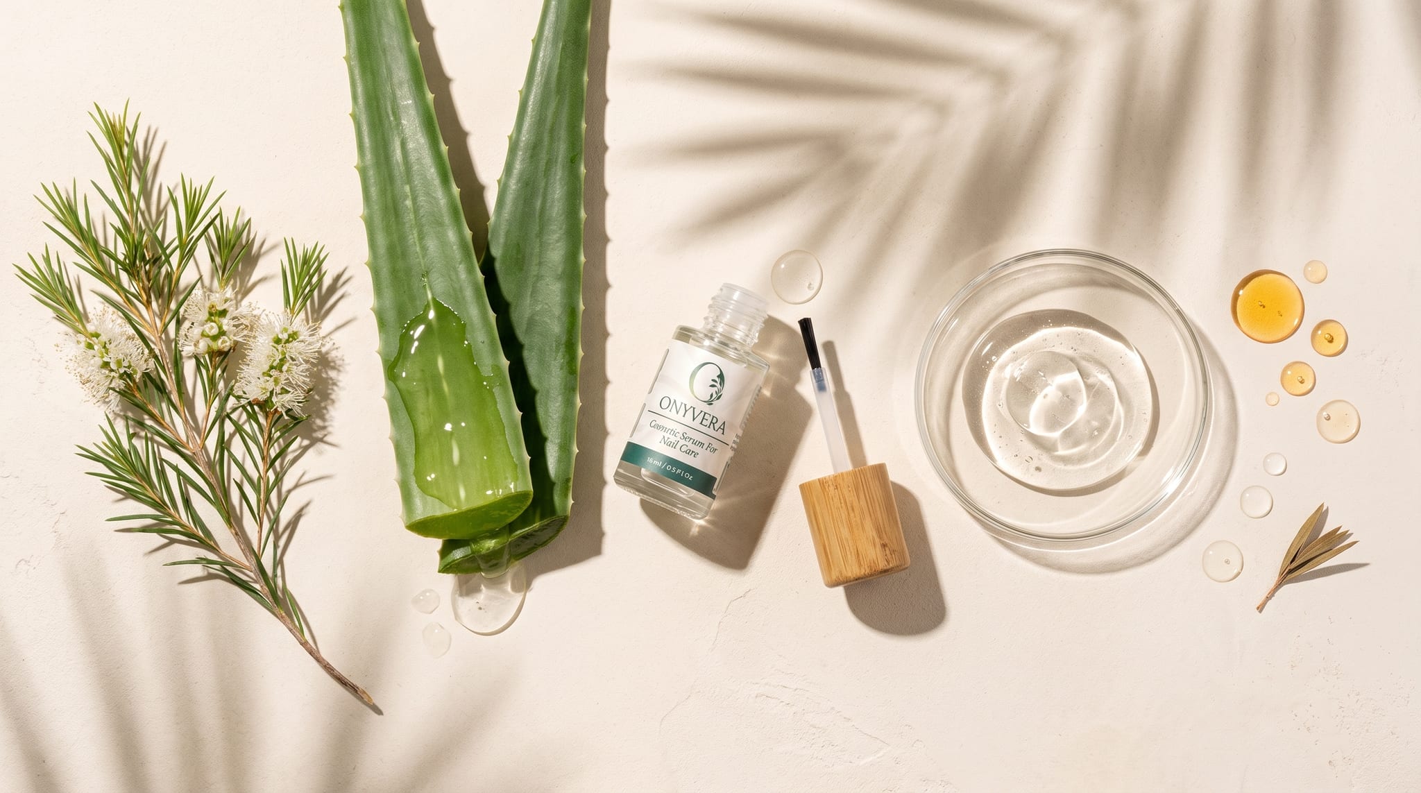 Tea tree oil, aloe vera, glycerin, and vitamin E beside ONYVERA bottle