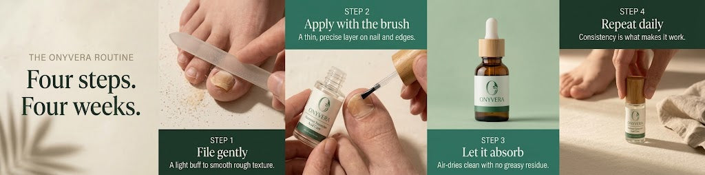 The ONYVERA routine in four steps: clean, apply, absorb, repeat