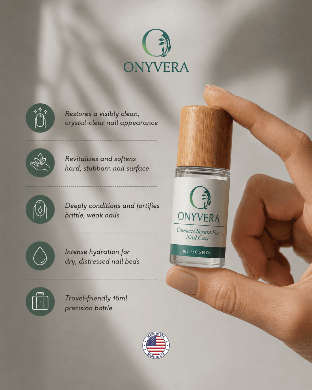 ONYVERA serum bottle held between fingers